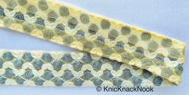 Beige Net Trim With Embroidered Roses, Off White and Grey Floral Trim, Approx. 36mm wide - 210119L465